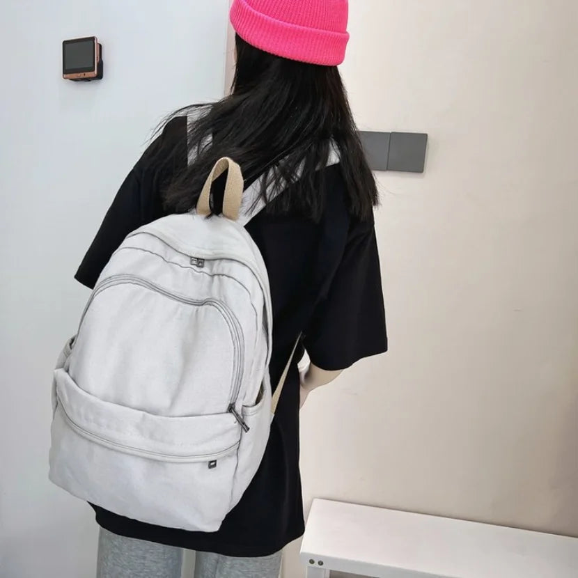 Teen Girls Solid Backpack Washed Canvas Schoolbag Large Capacity