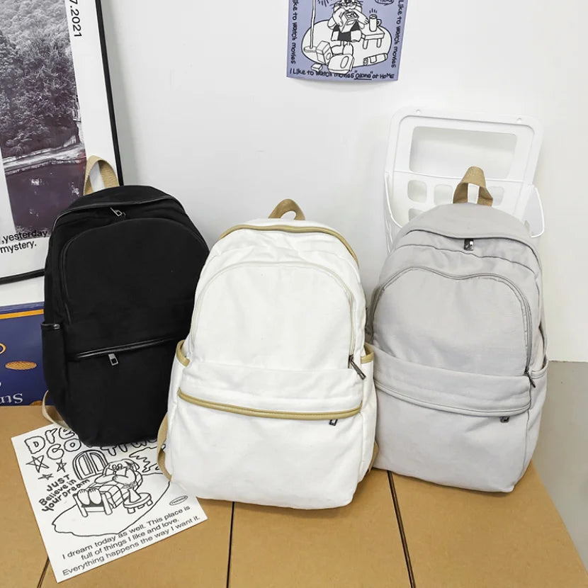 Teen Girls Solid Backpack Washed Canvas Schoolbag Large Capacity