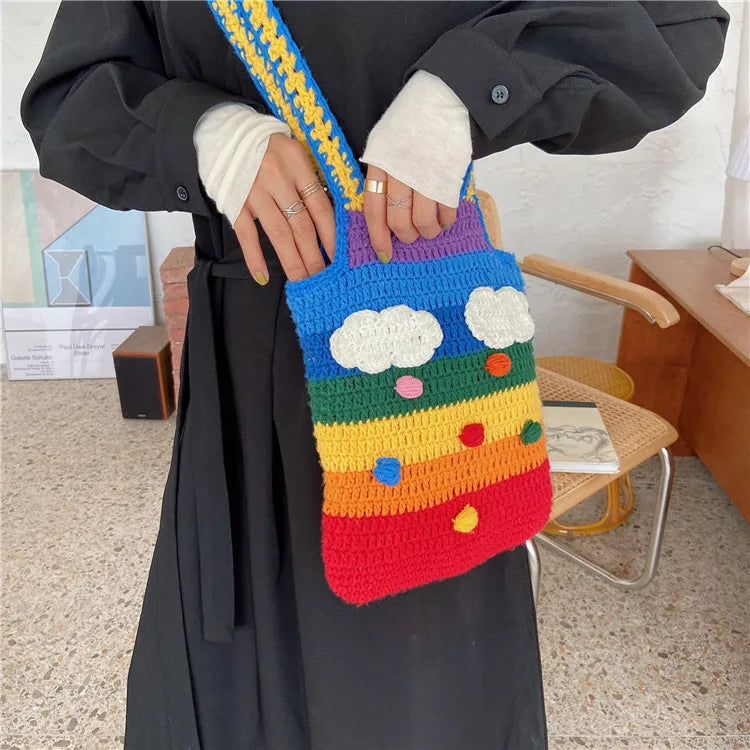 Rainbow Canvas Messenger Bag Wool Knitting Tote Bags for Girl Cotton Cloth Women