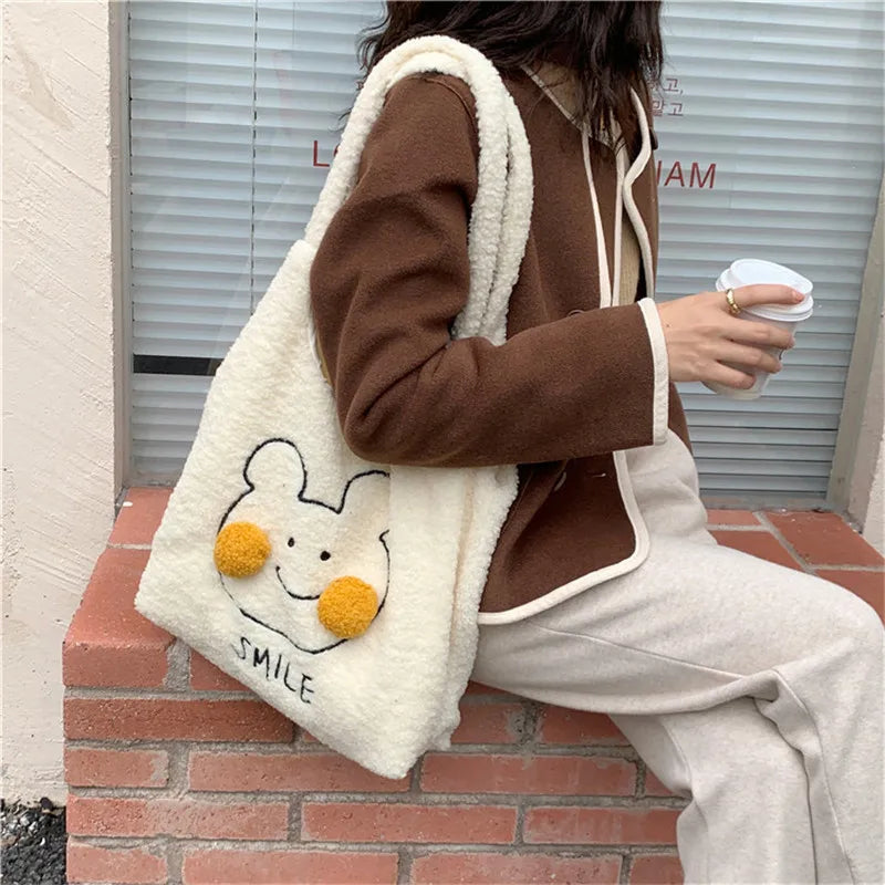 Girls Blush Bear Shoulder Bag Plush Tote Bag Large Capacity