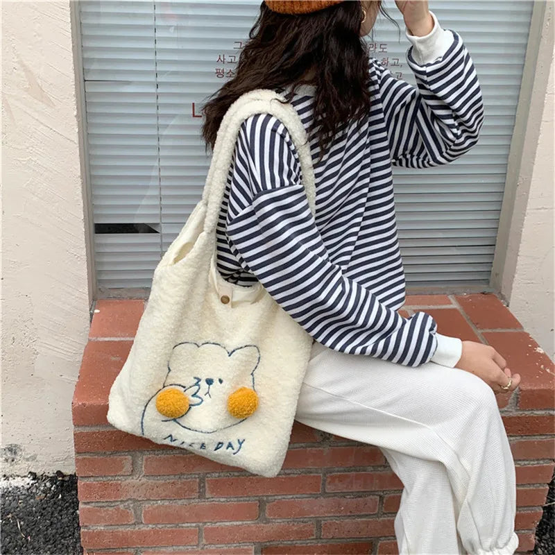 Girls Blush Bear Shoulder Bag Plush Tote Bag Large Capacity