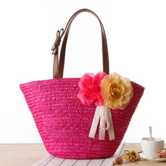 Pastoral Two Flowers Shoulder Woven Bag Women's Solid Woven Bag