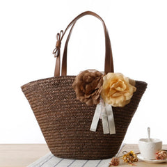 Pastoral Two Flowers Shoulder Woven Bag Women's Solid Woven Bag