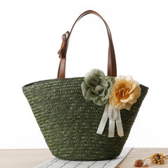 Pastoral Two Flowers Shoulder Woven Bag Women's Solid Woven Bag