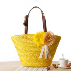 Pastoral Two Flowers Shoulder Woven Bag Women's Solid Woven Bag