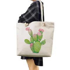 Floral Print Cactus Tote Bag Shoulder High Capacity Shopping Handbag