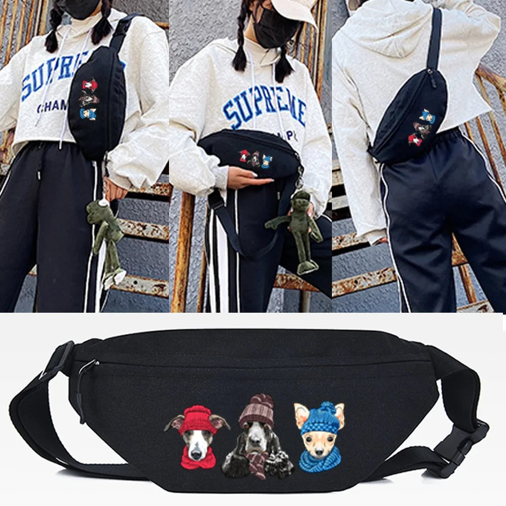 Three Hat Dogs Print Waist Bag Teenager Travel Phone Pouch Chest Pack