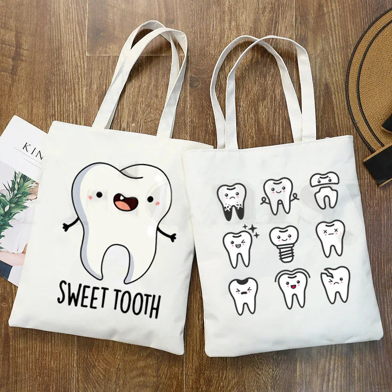 Funny Tooth Dentist Graphic Shoulder Bag Casual Shopping Girls Women Canvas