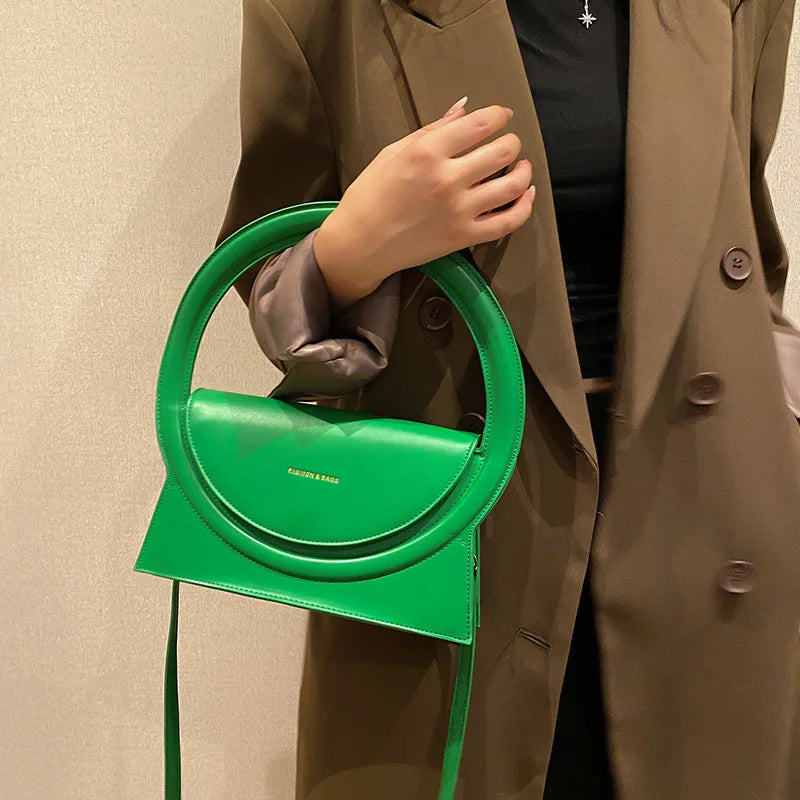 Round Handle Clutch Bag Pu Leather Crossbody Bag