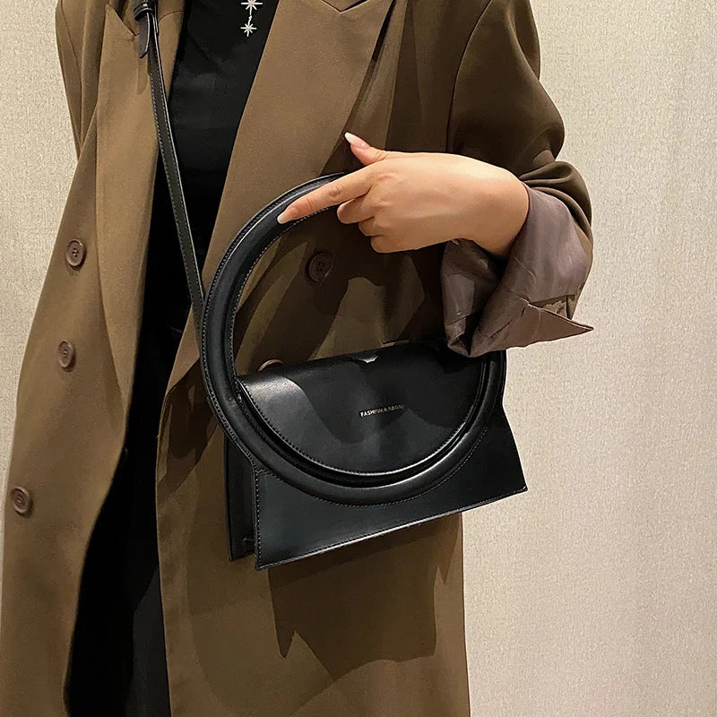 Round Handle Clutch Bag Pu Leather Crossbody Bag