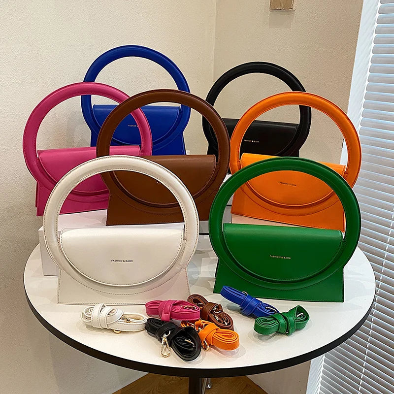 Round Handle Clutch Bag Pu Leather Crossbody Bag