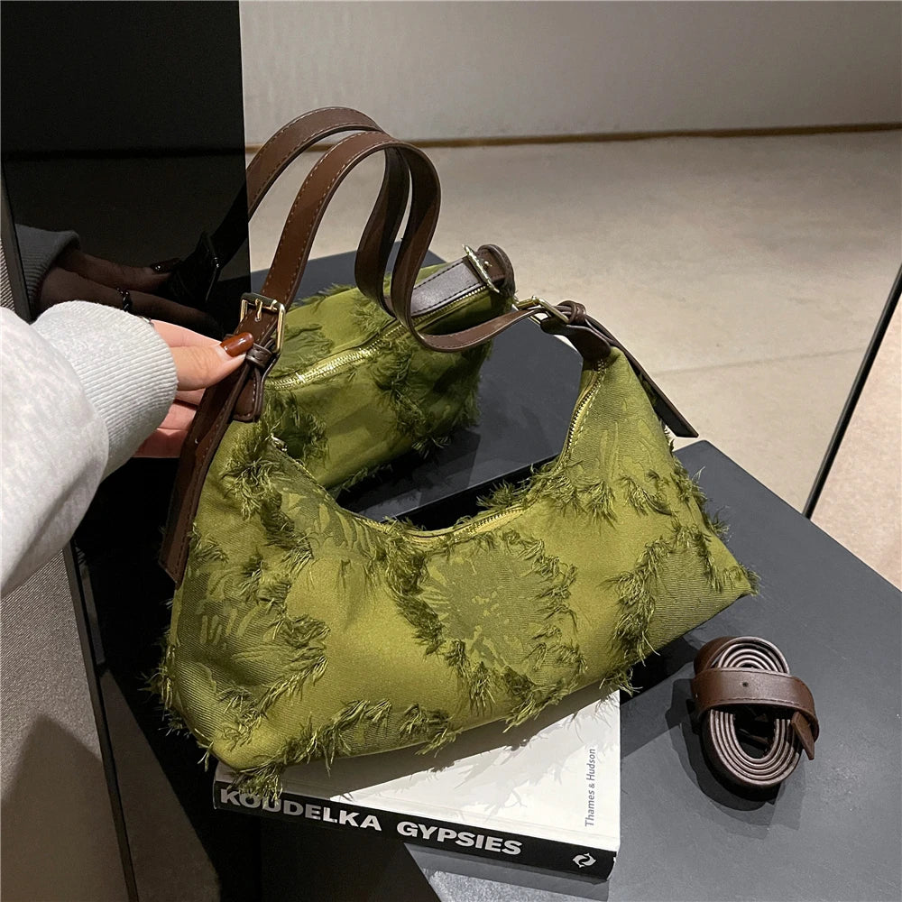 Fringed Canvas Shoulder Crossbody Bag Large Capacity Hobo Handbag