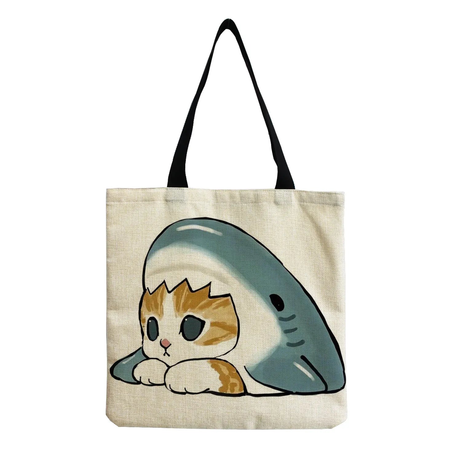 Cartoon Shark Cat Print Tote Bag Shopper Bag Eco Friendly Travel