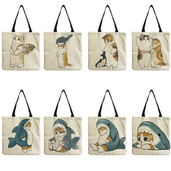 Cartoon Shark Cat Print Tote Bag Shopper Bag Eco Friendly Travel