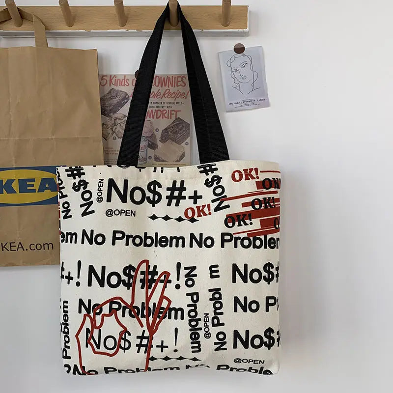 Canvas Tote Bag for Women Large Capacity Letter Print Student Commuter