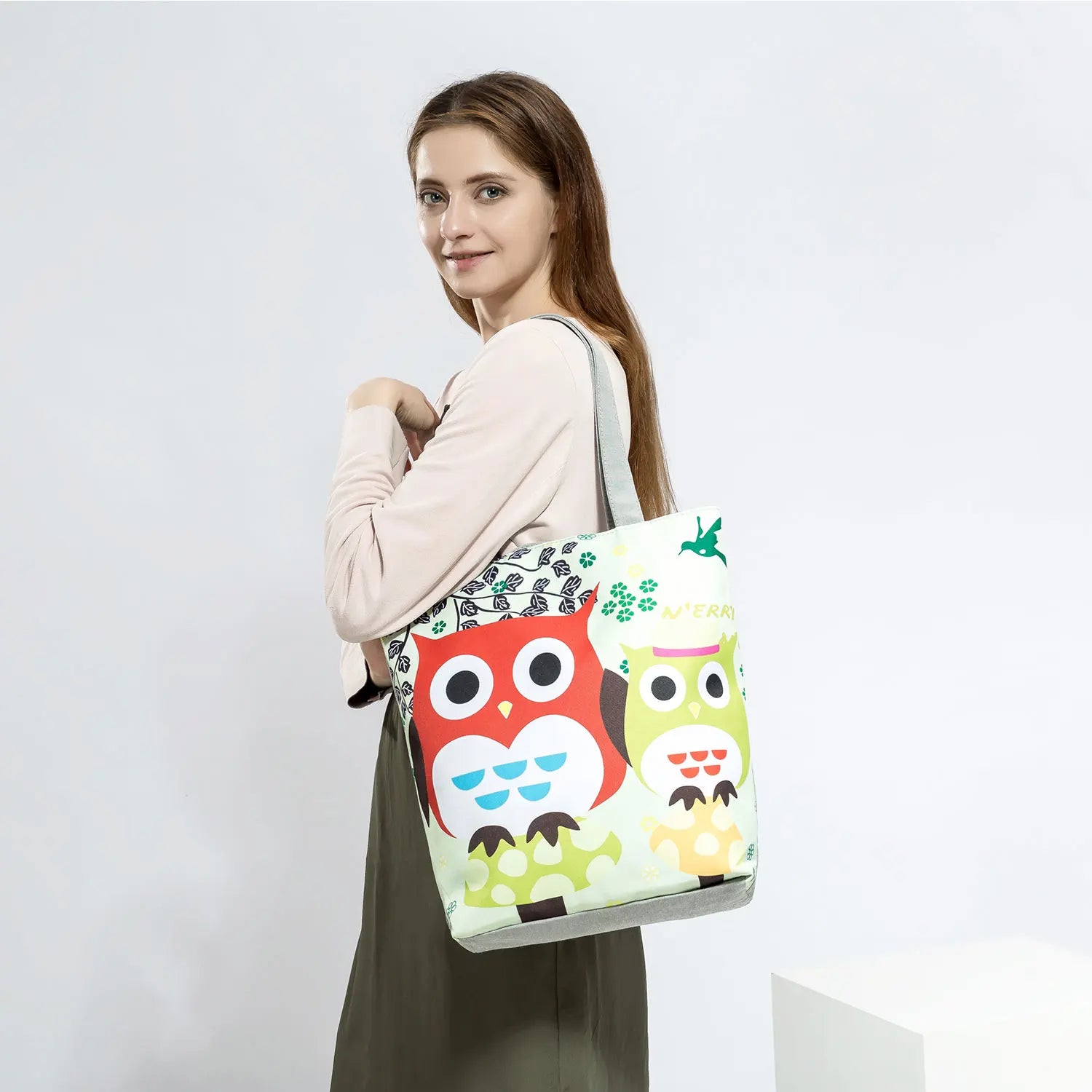 Owl Printed Tote Handbag Floral Shoulder Bag for Women