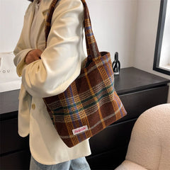 Women's Plaid Wool Shoulder Bag Large Capacity Soft Handbag