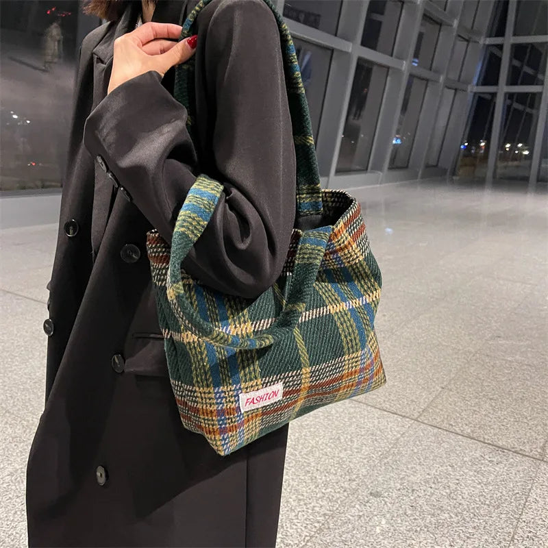Women's Plaid Wool Shoulder Bag Large Capacity Soft Handbag