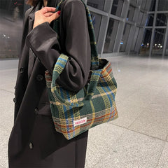 Women's Plaid Wool Shoulder Bag Large Capacity Soft Handbag