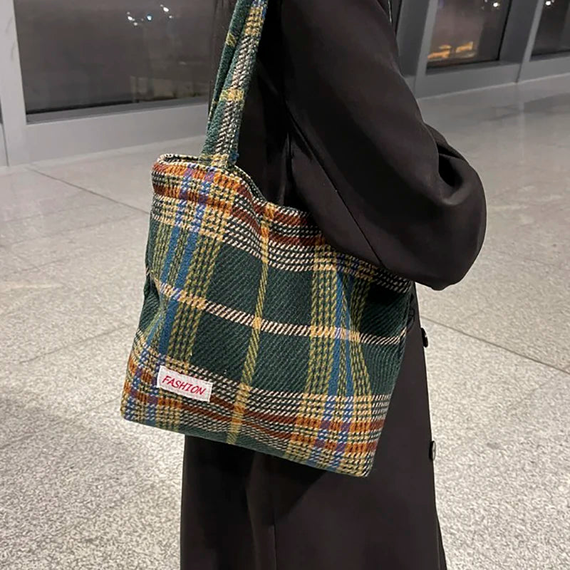 Women's Plaid Wool Shoulder Bag Large Capacity Soft Handbag