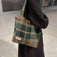 Women's Plaid Wool Shoulder Bag Large Capacity Soft Handbag