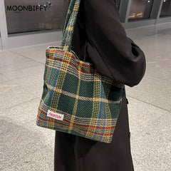 Plaid Wool Shopper Shoulder Bag for Women Large Capacity Soft Handbag