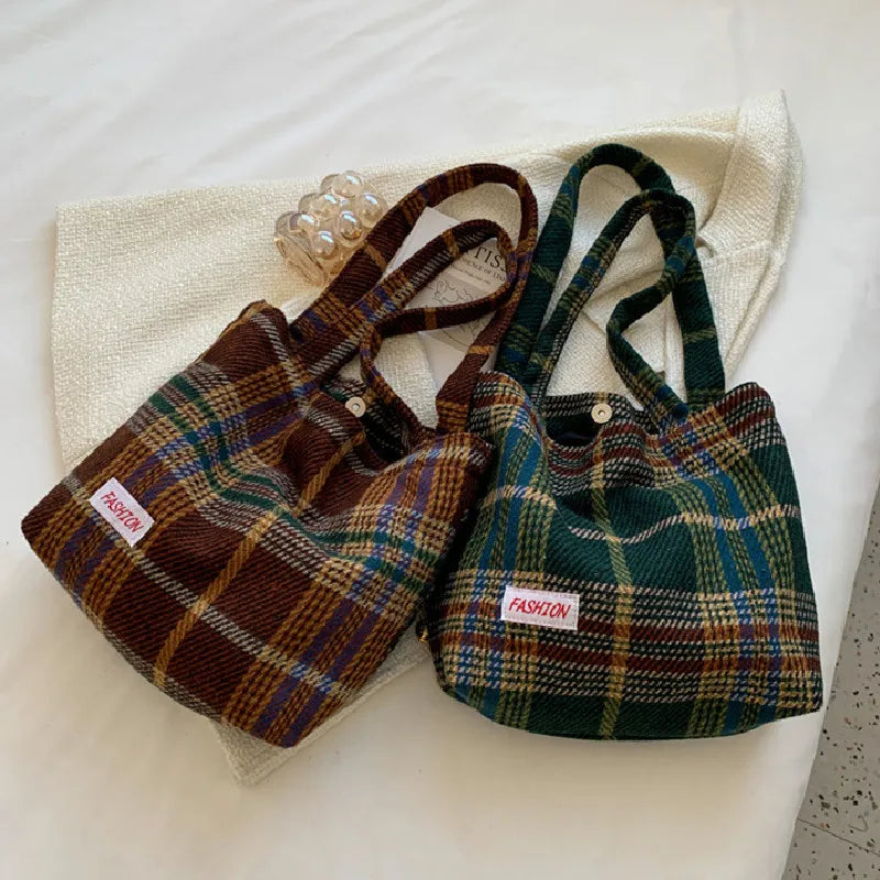 Plaid Wool Shopper Shoulder Bag for Women Large Capacity Soft Handbag