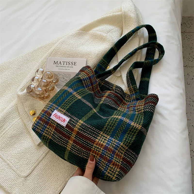 Plaid Wool Shopper Shoulder Bag for Women Large Capacity Soft Handbag