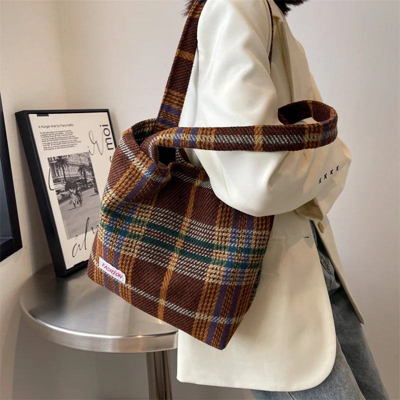 Plaid Wool Shopper Shoulder Bag for Women Large Capacity Soft Handbag