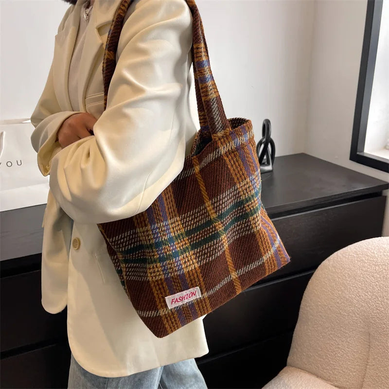 Plaid Wool Shopper Shoulder Bag for Women Large Capacity Soft Handbag