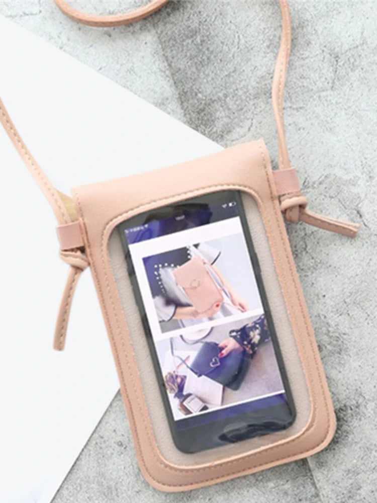 Retro Transparent Touch Screen Mobile Phone Bag Women PU Chain Messenger Mini Sh