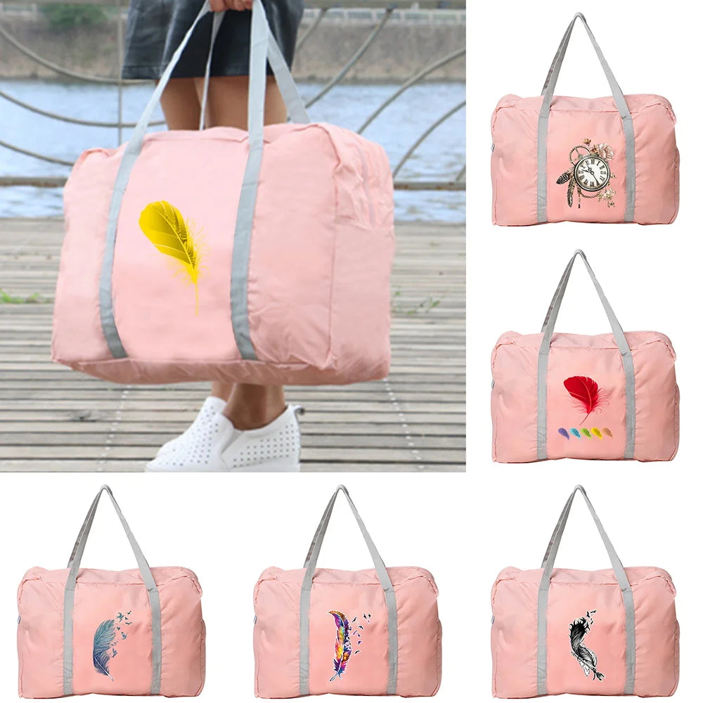 Feather Print Travel Bag Foldable Organizer Zipper Accessory Pouch