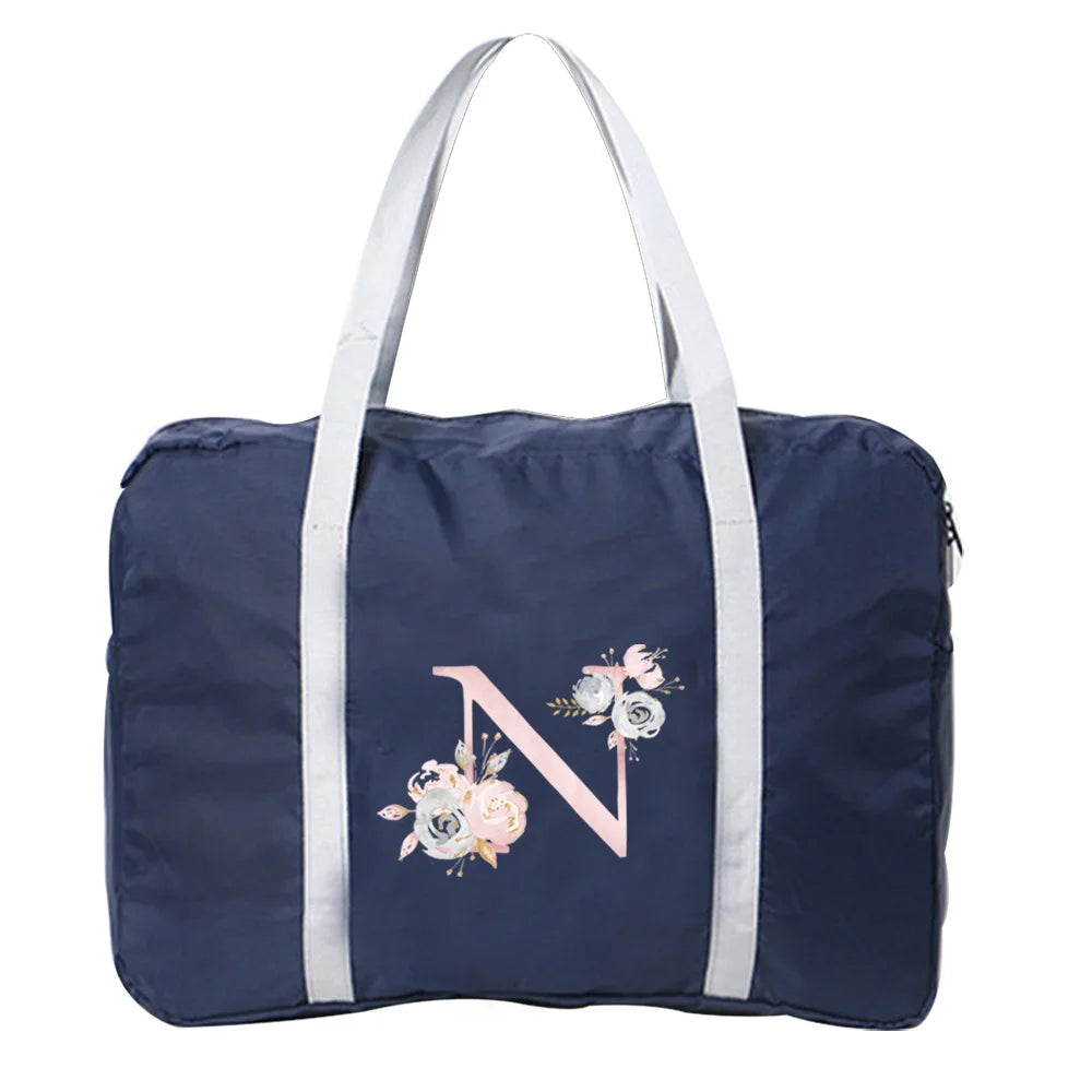 Unisex Foldable Duffle Bag Organizer Pink Flower Letter