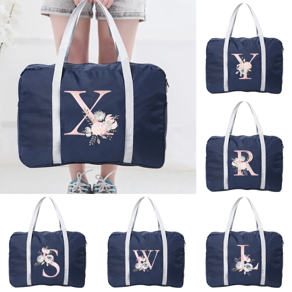 Unisex Foldable Duffle Bag Organizer Pink Flower Letter