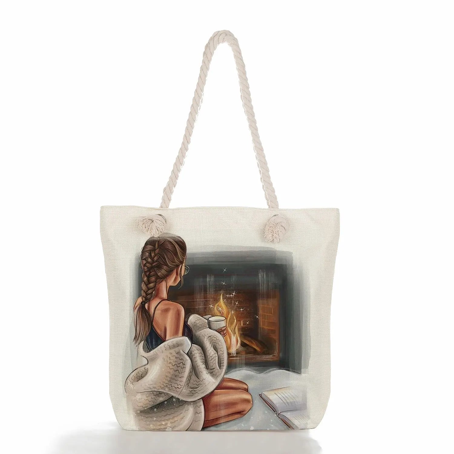 Cartoon Coffee Girl Print Beach Bag Eco Reusable Shopping Handbags