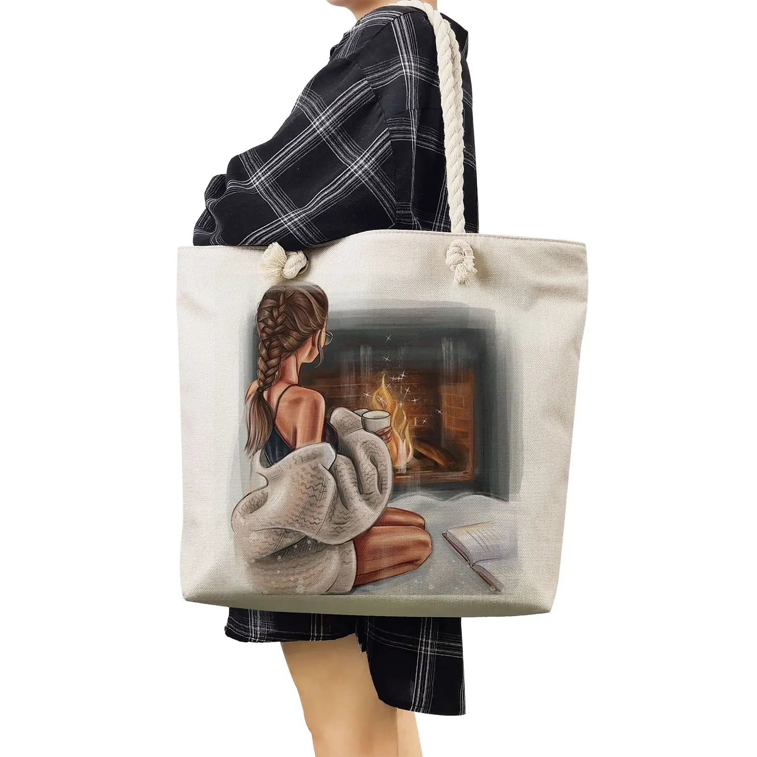 Cartoon Coffee Girl Print Beach Bag Eco Reusable Shopping Handbags