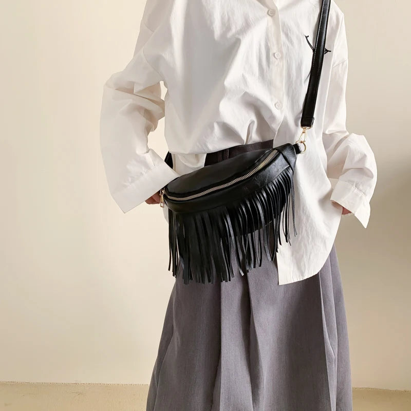 Tassel Leather Crossbody Chest Bag Large Capacity Women's Waist Bag