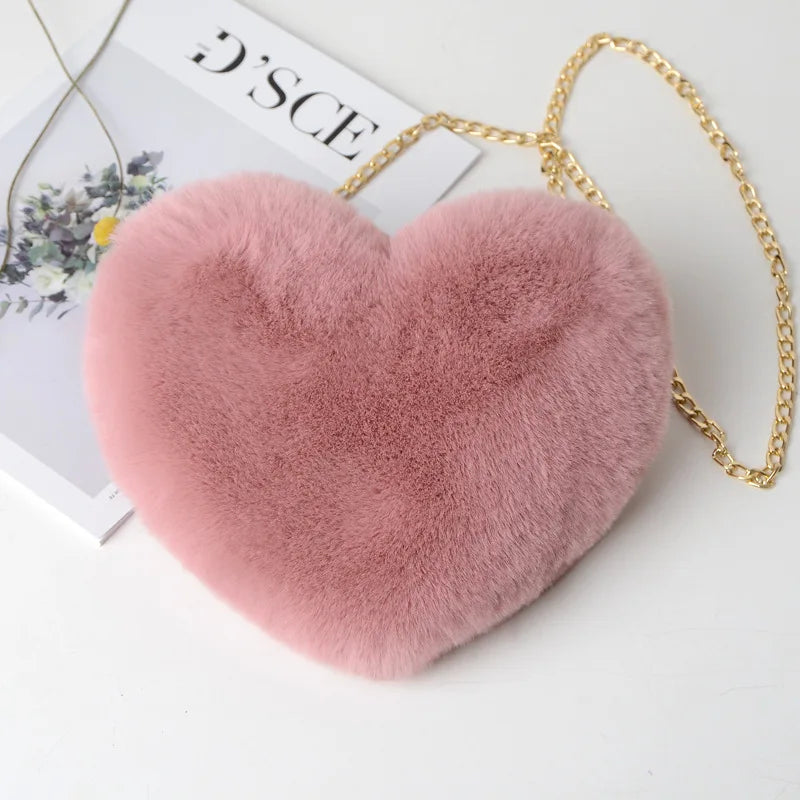 Red Heart Plush Crossbody Shoulder Bag with Chain