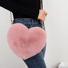 Red Heart Plush Crossbody Shoulder Bag with Chain