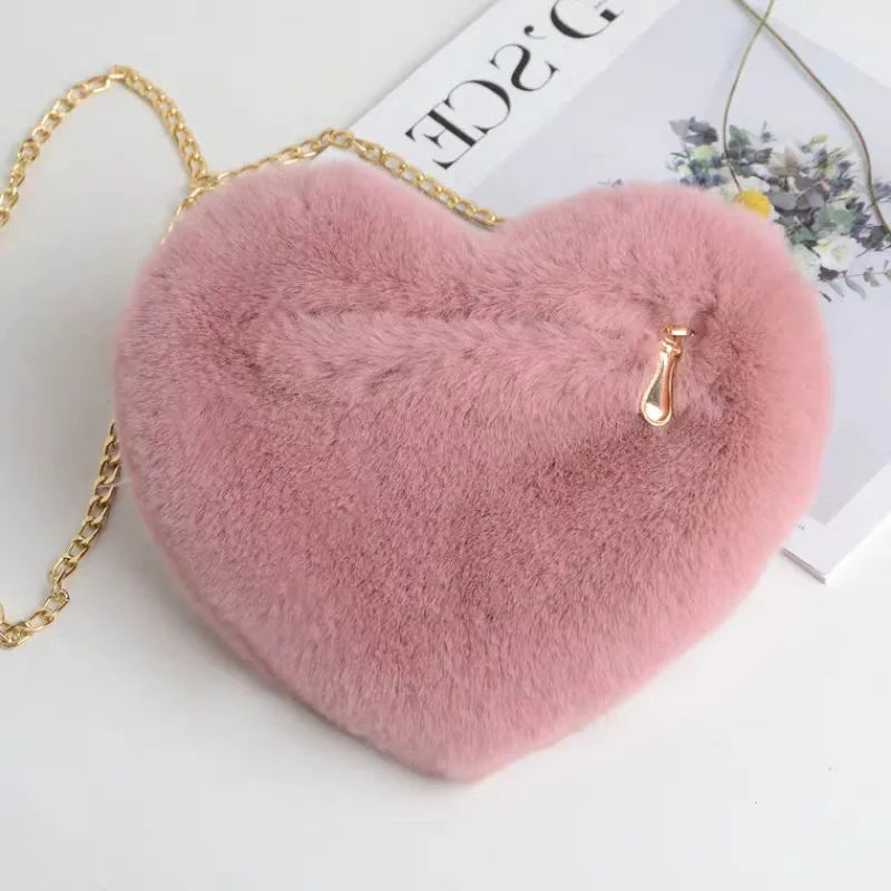 Red Heart Plush Crossbody Shoulder Bag with Chain