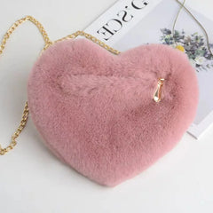 Red Heart Plush Crossbody Shoulder Bag with Chain
