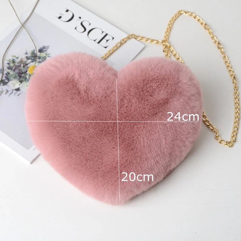 Red Heart Plush Crossbody Shoulder Bag with Chain