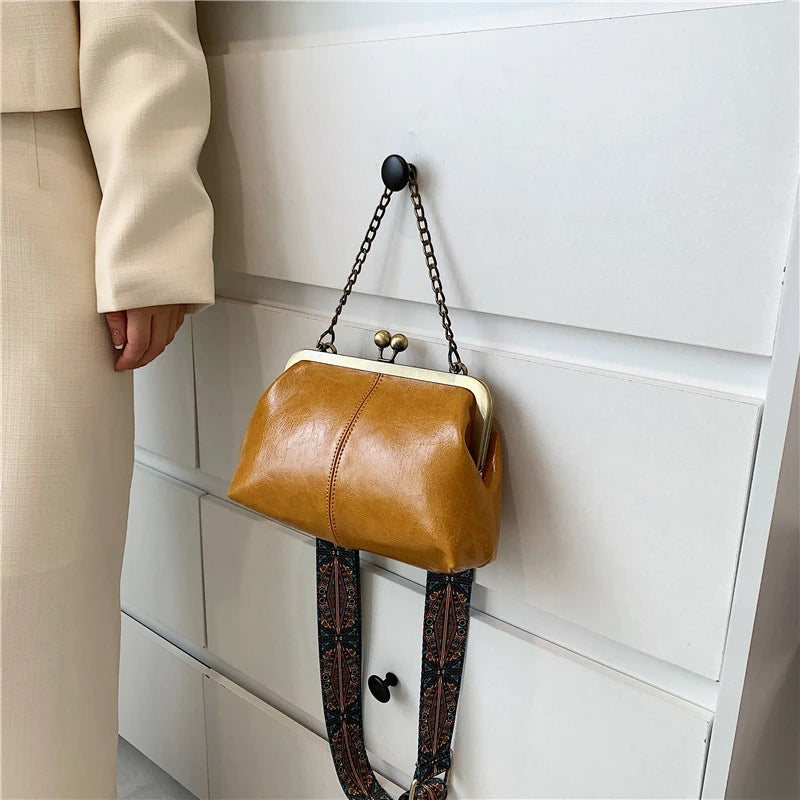 Vintage Clip Handbags Women Shoulder Crossbody Bags Vegan Leather