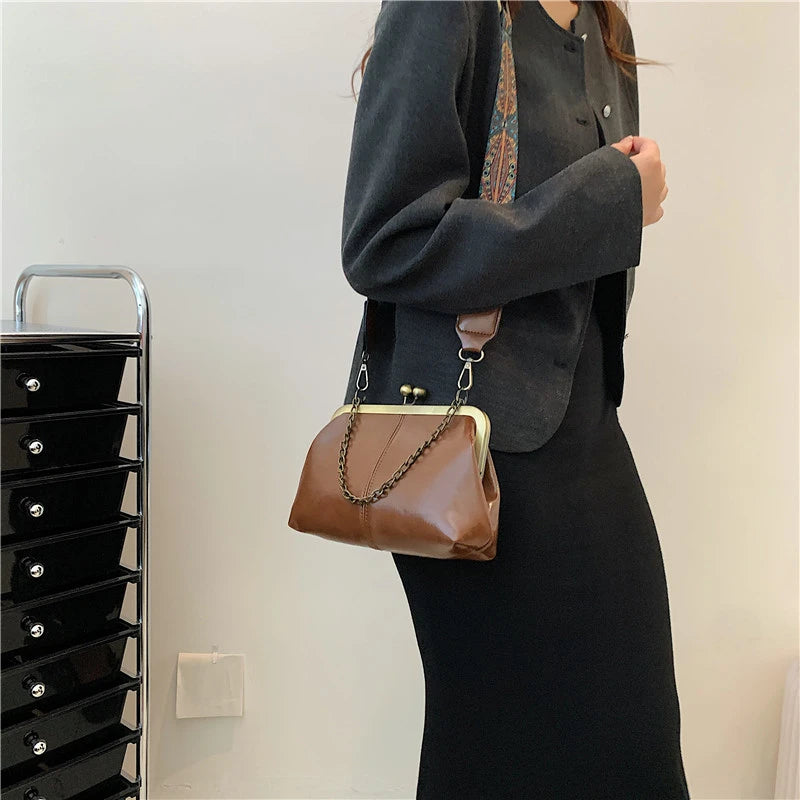 Vintage Clip Handbags Women Shoulder Crossbody Bags Vegan Leather