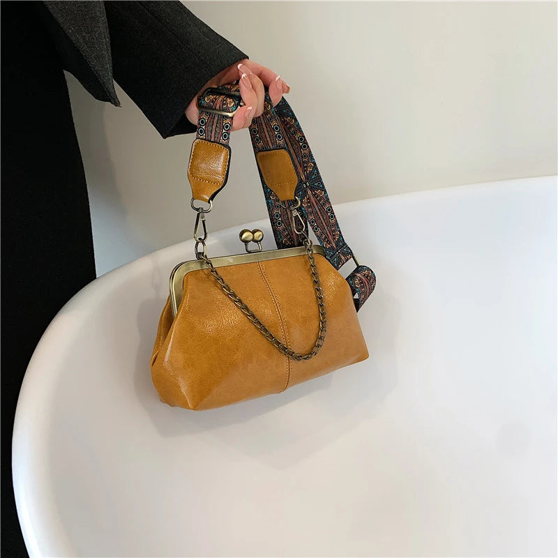 Vintage Clip Handbags Women Shoulder Crossbody Bags Vegan Leather