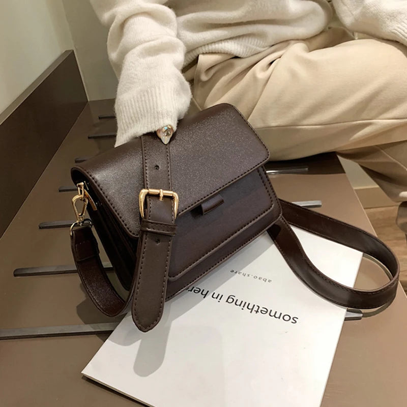 Vintage Crossbody Bag PU Leather Small Square Bag Solid Satchel Purse