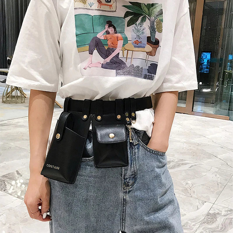 Green Leather Waist Bag for Women with Shoulder Belt