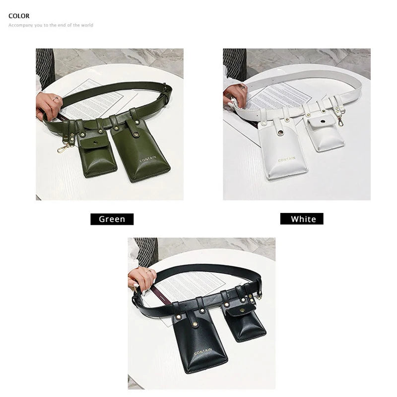Green Leather Waist Bag for Women with Shoulder Belt