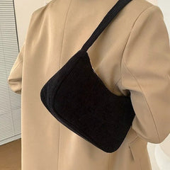 Plush Shoulder Bag for Women - Retro Corduroy Handbag