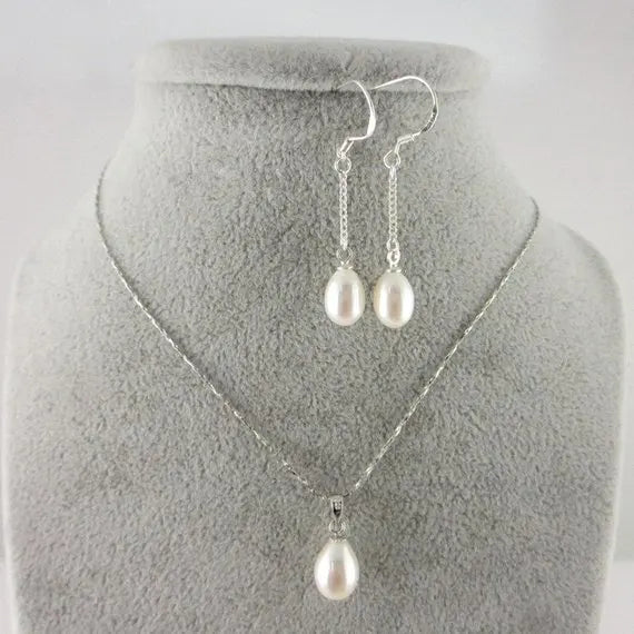 8-10mm Rice Freshwater Pearl Necklace Earrings Set Wedding Gift